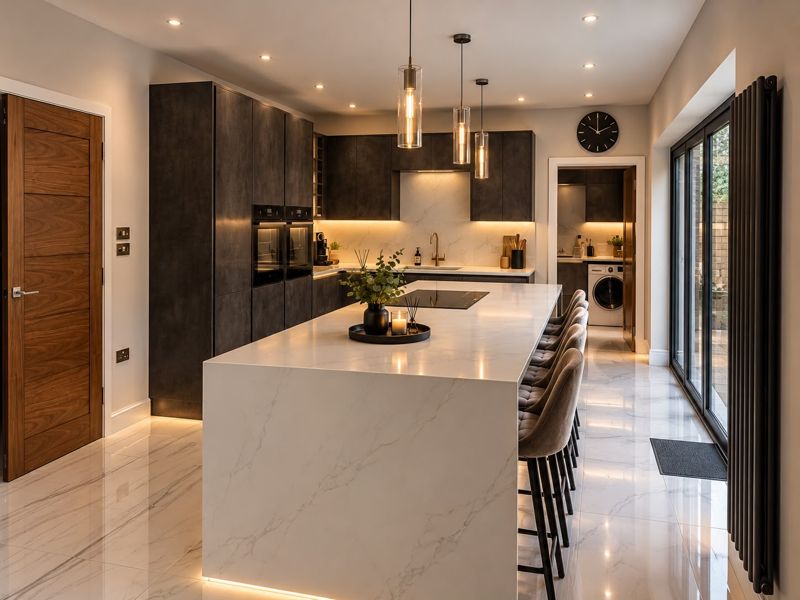 Dark handleless kitchen with white marble-effect waterfall island and bar stools